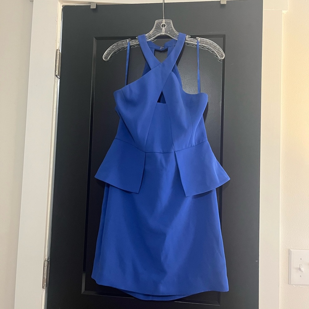 BCBGMaxAzria Cobalt Blue Cross-Neck Peplum Mini Dress